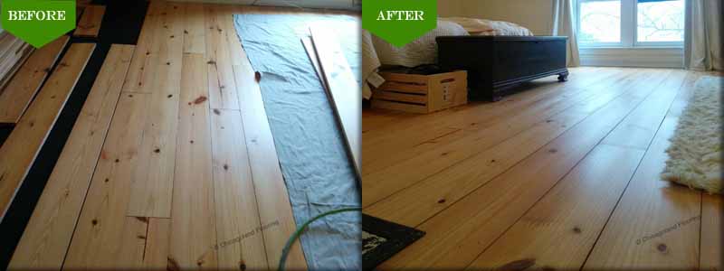 Installation of reclaimed antique wide pine plank floors